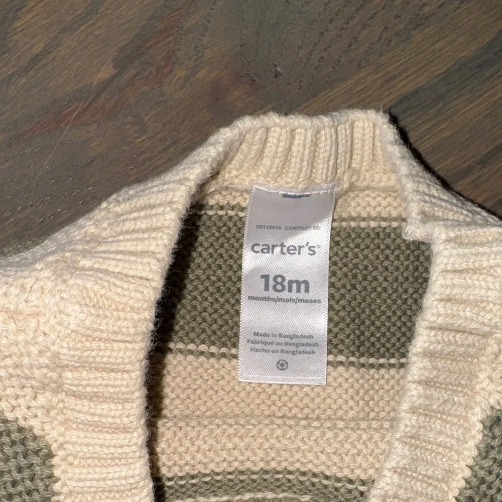 Carter’s Green & Cream Striped Sweater & Denim Overalls Set | 18M